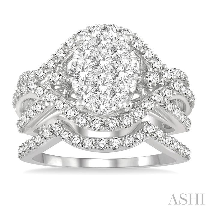 1 1/3 Ctw Lovebright Round Cut Diamond Wedding Set With 1 Ctw Split Oval Shape Engagement Ring and 1/4 Ctw Crescent Wedding Band in 14K White Gold