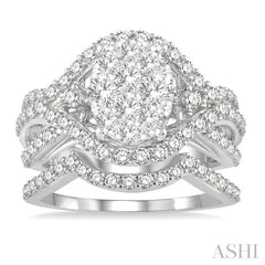 1 1/3 Ctw Lovebright Round Cut Diamond Wedding Set With 1 Ctw Split Oval Shape Engagement Ring and 1/4 Ctw Crescent Wedding Band in 14K White Gold