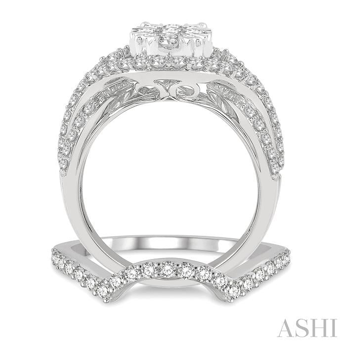 1 1/3 Ctw Lovebright Round Cut Diamond Wedding Set With 1 Ctw Split Oval Shape Engagement Ring and 1/4 Ctw Crescent Wedding Band in 14K White Gold