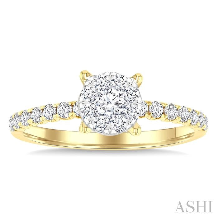 1/2 Ctw Lovebright Circular Shaped Round Cut Diamond Engagement Ring in 14K Yellow and White Gold