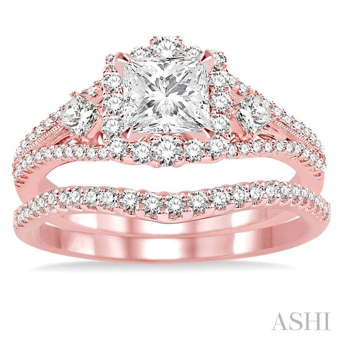 1 Ctw Diamond Wedding Set with 7/8 Ctw Princess Cut Engagement Ring and 1/6 Ctw Wedding Band in 14K Rose Gold