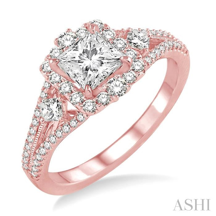7/8 Ctw Diamond Engagement Ring with 1/3 Ct Princess Cut Center Stone in 14K Rose Gold