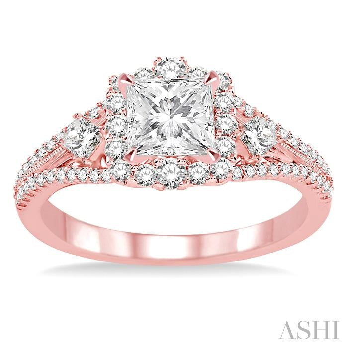 7/8 Ctw Diamond Engagement Ring with 1/3 Ct Princess Cut Center Stone in 14K Rose Gold