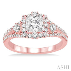 7/8 Ctw Diamond Engagement Ring with 1/3 Ct Princess Cut Center Stone in 14K Rose Gold