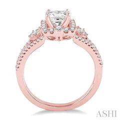 7/8 Ctw Diamond Engagement Ring with 1/3 Ct Princess Cut Center Stone in 14K Rose Gold