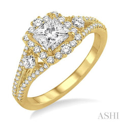 7/8 Ctw Diamond Engagement Ring with 1/3 Ct Princess Cut Center Stone in 14K Yellow Gold