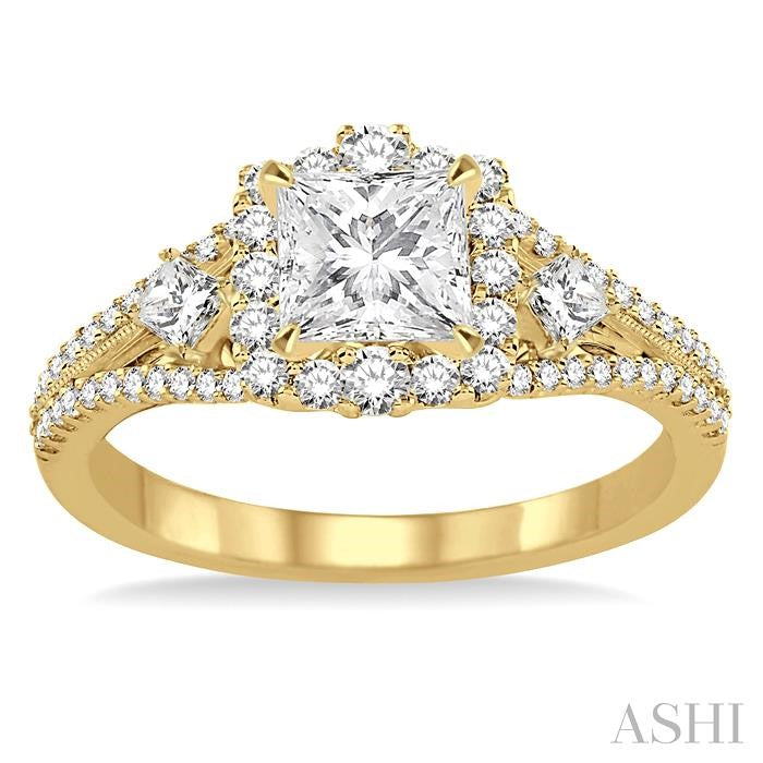 7/8 Ctw Diamond Engagement Ring with 1/3 Ct Princess Cut Center Stone in 14K Yellow Gold