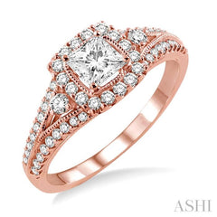 3/4 Ctw Diamond Engagement Ring with 1/4 Ct Princess Cut Center Stone in 14K Rose Gold