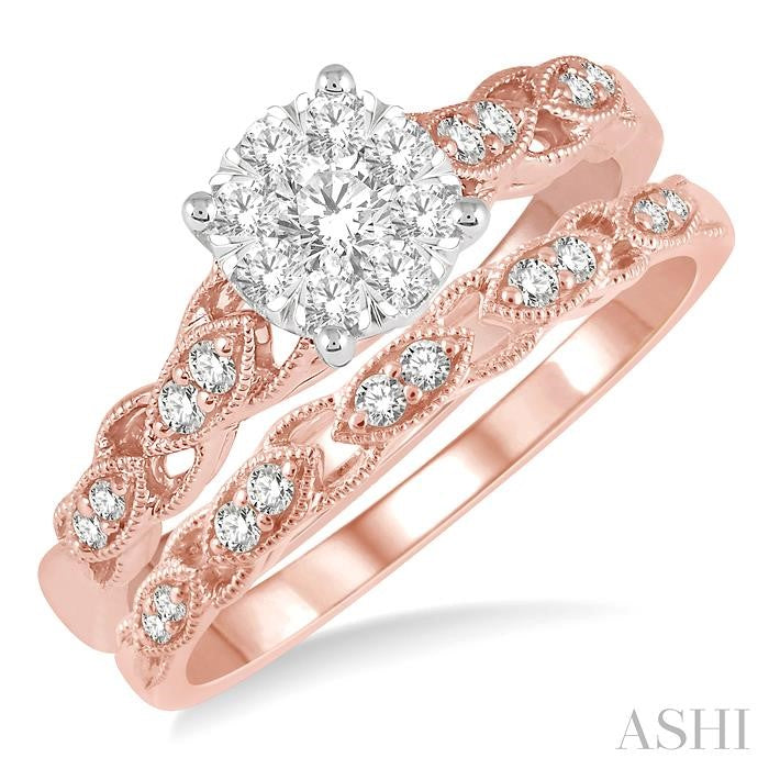 1/2 Ctw Lattice Lovebright Diamond Wedding Set With 3/8 Ctw Circular Mount Engagement Ring and 1/10 Ctw Wedding Band in 14K Rose and White Gold
