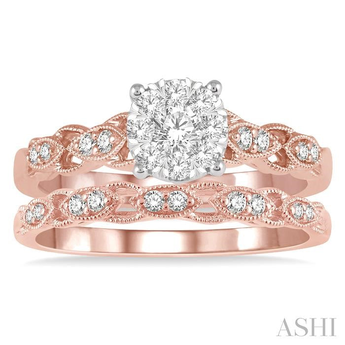1/2 Ctw Lattice Lovebright Diamond Wedding Set With 3/8 Ctw Circular Mount Engagement Ring and 1/10 Ctw Wedding Band in 14K Rose and White Gold