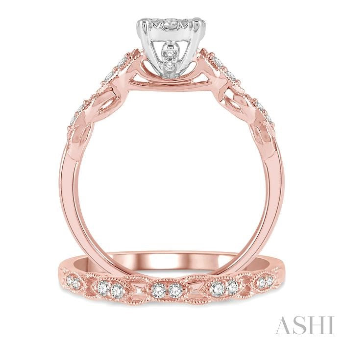 1/2 Ctw Lattice Lovebright Diamond Wedding Set With 3/8 Ctw Circular Mount Engagement Ring and 1/10 Ctw Wedding Band in 14K Rose and White Gold