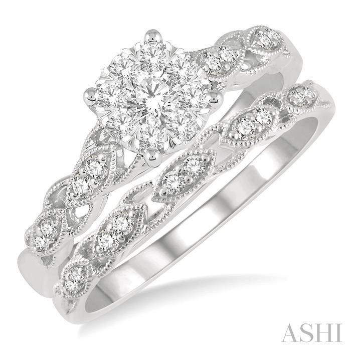 1/2 Ctw Lattice Lovebright Round Cut Diamond Wedding Set With 3/8 Ctw Circular Mount Engagement Ring and 1/10 Ctw Wedding Band in 14K White Gold