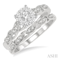 1/2 Ctw Lattice Lovebright Round Cut Diamond Wedding Set With 3/8 Ctw Circular Mount Engagement Ring and 1/10 Ctw Wedding Band in 14K White Gold