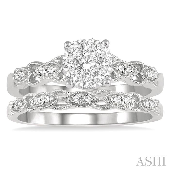 1/2 Ctw Lattice Lovebright Round Cut Diamond Wedding Set With 3/8 Ctw Circular Mount Engagement Ring and 1/10 Ctw Wedding Band in 14K White Gold