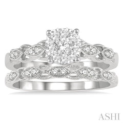 1/2 Ctw Lattice Lovebright Round Cut Diamond Wedding Set With 3/8 Ctw Circular Mount Engagement Ring and 1/10 Ctw Wedding Band in 14K White Gold