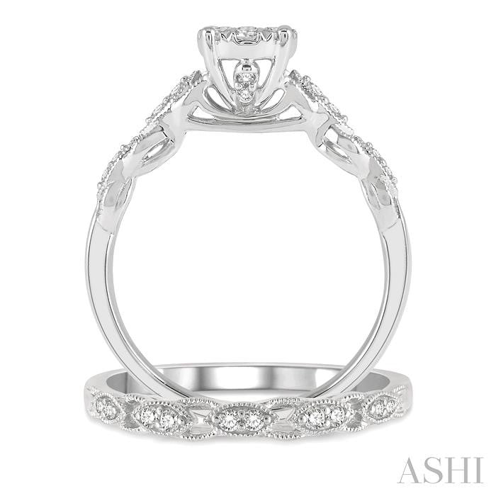 1/2 Ctw Lattice Lovebright Round Cut Diamond Wedding Set With 3/8 Ctw Circular Mount Engagement Ring and 1/10 Ctw Wedding Band in 14K White Gold