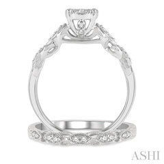 1/2 Ctw Lattice Lovebright Round Cut Diamond Wedding Set With 3/8 Ctw Circular Mount Engagement Ring and 1/10 Ctw Wedding Band in 14K White Gold
