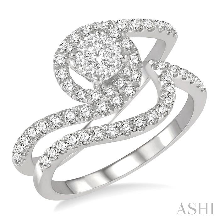 3/4 Ctw Lovebright Round Cut Diamond Wedding Set With 1/2 Ctw Circular Bypass Engagement Ring and 1/5 Ctw Scoop Curve Wedding Band in 14K White Gold