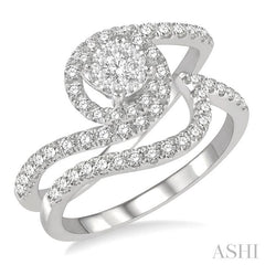 3/4 Ctw Lovebright Round Cut Diamond Wedding Set With 1/2 Ctw Circular Bypass Engagement Ring and 1/5 Ctw Scoop Curve Wedding Band in 14K White Gold