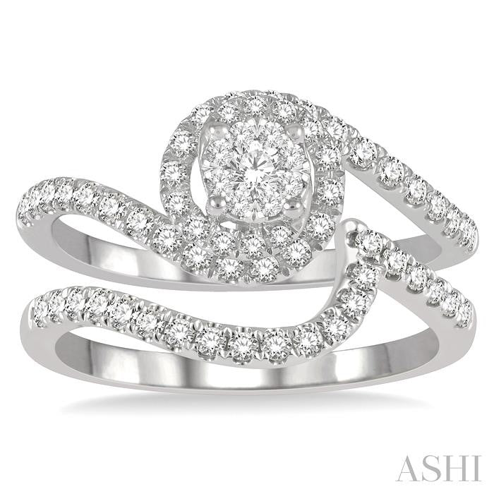 3/4 Ctw Lovebright Round Cut Diamond Wedding Set With 1/2 Ctw Circular Bypass Engagement Ring and 1/5 Ctw Scoop Curve Wedding Band in 14K White Gold