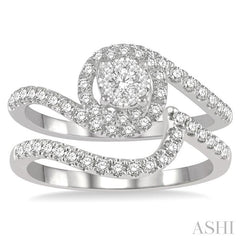 3/4 Ctw Lovebright Round Cut Diamond Wedding Set With 1/2 Ctw Circular Bypass Engagement Ring and 1/5 Ctw Scoop Curve Wedding Band in 14K White Gold