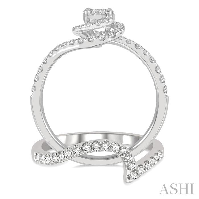 3/4 Ctw Lovebright Round Cut Diamond Wedding Set With 1/2 Ctw Circular Bypass Engagement Ring and 1/5 Ctw Scoop Curve Wedding Band in 14K White Gold