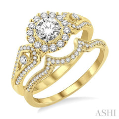 3/4 Ctw Diamond Wedding Set with 5/8 Ctw Round Cut Engagement Ring and 1/10 Ctw Wedding Band in 14K Yellow and White Gold