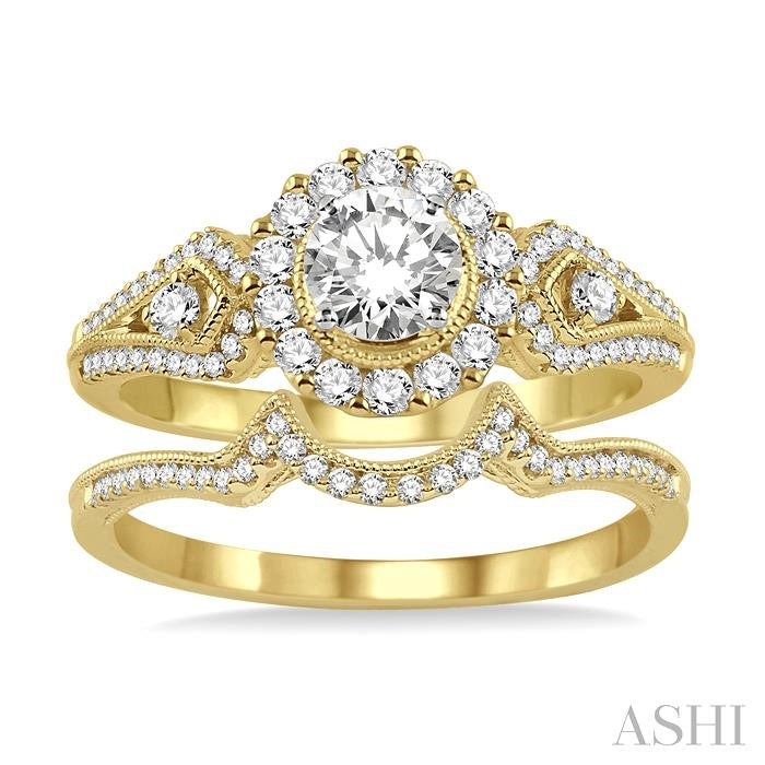 3/4 Ctw Diamond Wedding Set with 5/8 Ctw Round Cut Engagement Ring and 1/10 Ctw Wedding Band in 14K Yellow and White Gold