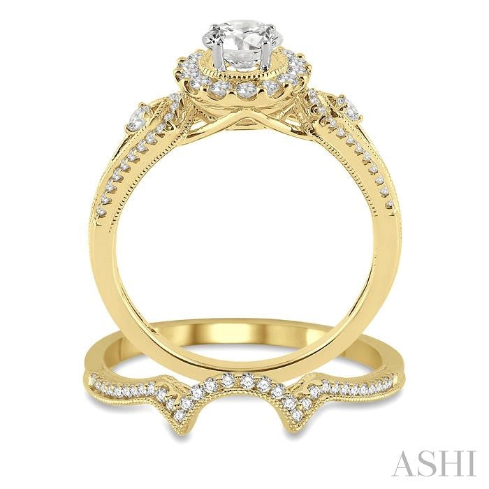 3/4 Ctw Diamond Wedding Set with 5/8 Ctw Round Cut Engagement Ring and 1/10 Ctw Wedding Band in 14K Yellow and White Gold