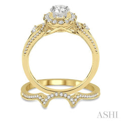 3/4 Ctw Diamond Wedding Set with 5/8 Ctw Round Cut Engagement Ring and 1/10 Ctw Wedding Band in 14K Yellow and White Gold