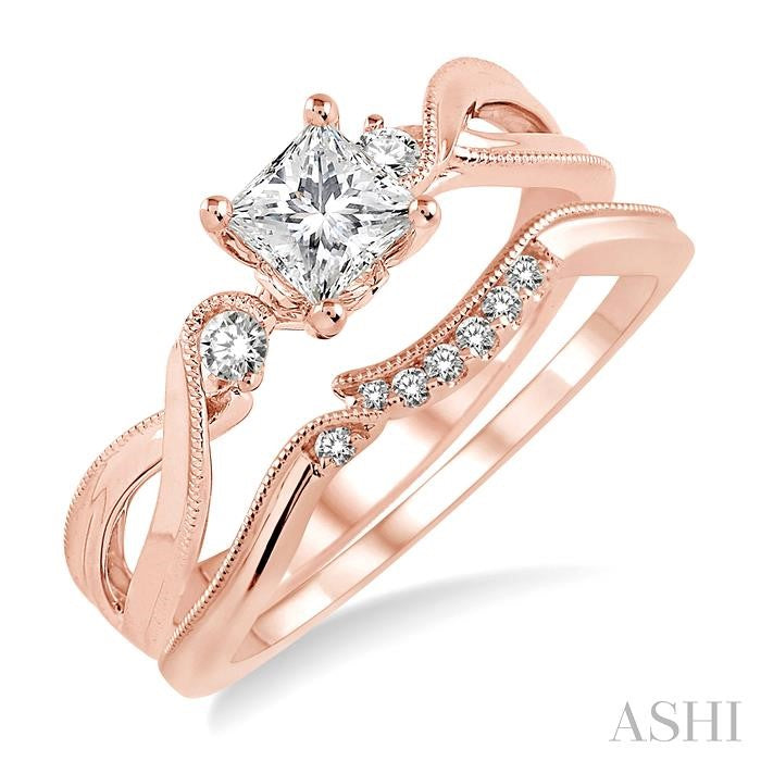 3/8 Ctw Diamond Wedding Set with 3/8 Ctw Princess Cut Engagement Ring and 1/20 Ctw Wedding Band in 14K Rose Gold