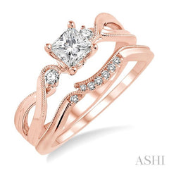 3/8 Ctw Diamond Wedding Set with 3/8 Ctw Princess Cut Engagement Ring and 1/20 Ctw Wedding Band in 14K Rose Gold