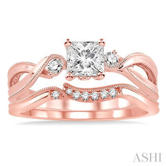 3/8 Ctw Diamond Wedding Set with 3/8 Ctw Princess Cut Engagement Ring and 1/20 Ctw Wedding Band in 14K Rose Gold