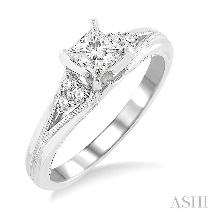 1/2 Ctw Diamond Engagement Ring with 1/3 Ct Princess Cut Center Stone in 14K White Gold