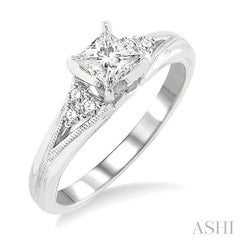 1/2 Ctw Diamond Engagement Ring with 1/3 Ct Princess Cut Center Stone in 14K White Gold