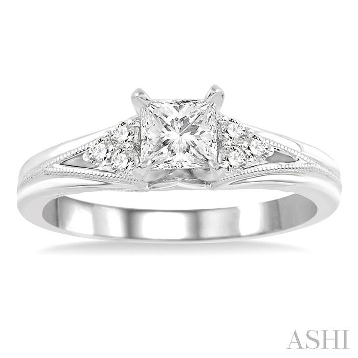 1/2 Ctw Diamond Engagement Ring with 1/3 Ct Princess Cut Center Stone in 14K White Gold