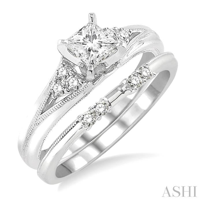 1/2 Ctw Diamond Wedding Set with 1/2 Ctw Princess Cut Engagement Ring and 1/10 Ctw Wedding Band in 14K White Gold