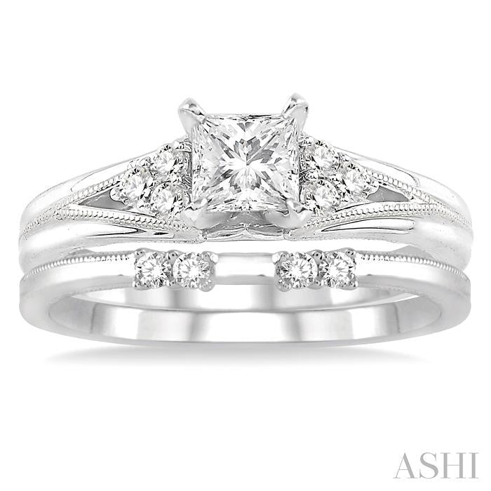 1/2 Ctw Diamond Wedding Set with 1/2 Ctw Princess Cut Engagement Ring and 1/10 Ctw Wedding Band in 14K White Gold