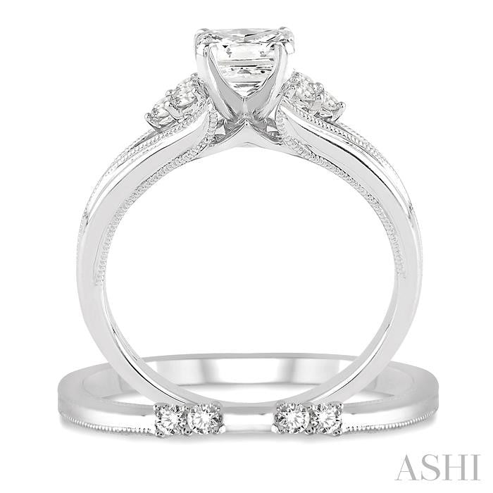 1/2 Ctw Diamond Wedding Set with 1/2 Ctw Princess Cut Engagement Ring and 1/10 Ctw Wedding Band in 14K White Gold