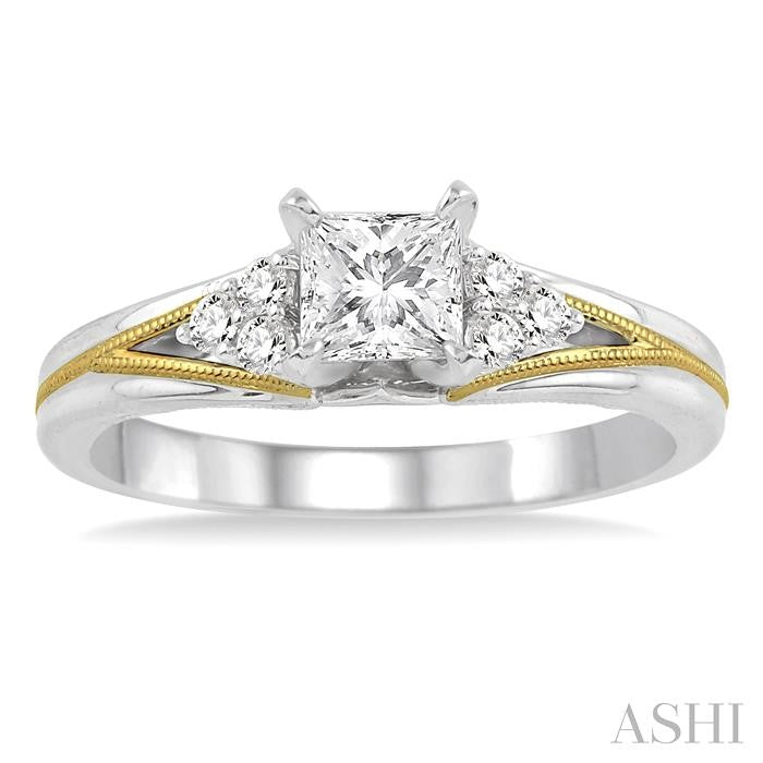 1/2 Ctw Diamond Engagement Ring with 1/3 Ct Princess Cut Center Stone in 14K White and Yellow Gold