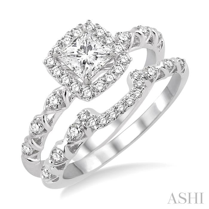 5/8 Ctw Diamond Wedding Set with 1/2 Ctw Princess Cut Engagement Ring and 1/6 Ctw Wedding Band in 14K White Gold