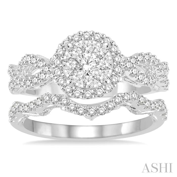 1 Ctw Round Cut Diamond Lovebright Bridal Set with 3/4 Ctw Engagement Ring and 1/5 Ctw Wedding Band in 14K White Gold