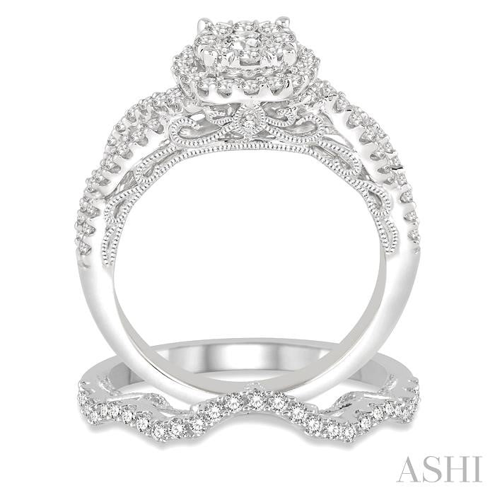 1 Ctw Round Cut Diamond Lovebright Bridal Set with 3/4 Ctw Engagement Ring and 1/5 Ctw Wedding Band in 14K White Gold