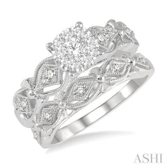 1/2 Ctw Lattice Lovebright Round Cut Diamond Wedding Set With 3/8 Ctw Circular Mount Engagement Ring and 1/20 Ctw Wedding Band in 14K White Gold