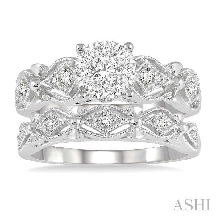 1/2 Ctw Lattice Lovebright Round Cut Diamond Wedding Set With 3/8 Ctw Circular Mount Engagement Ring and 1/20 Ctw Wedding Band in 14K White Gold
