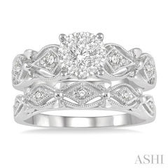 1/2 Ctw Lattice Lovebright Round Cut Diamond Wedding Set With 3/8 Ctw Circular Mount Engagement Ring and 1/20 Ctw Wedding Band in 14K White Gold