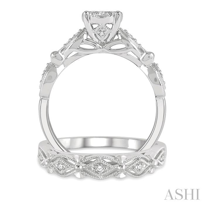 1/2 Ctw Lattice Lovebright Round Cut Diamond Wedding Set With 3/8 Ctw Circular Mount Engagement Ring and 1/20 Ctw Wedding Band in 14K White Gold