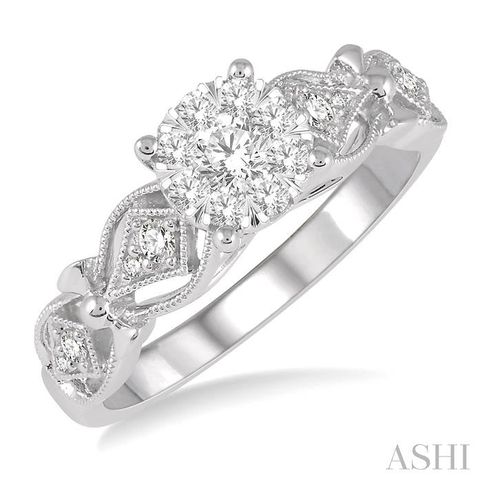3/8 Ctw Circular Mount Lattice Lovebright Round Cut Diamond Ring in 14K White Gold