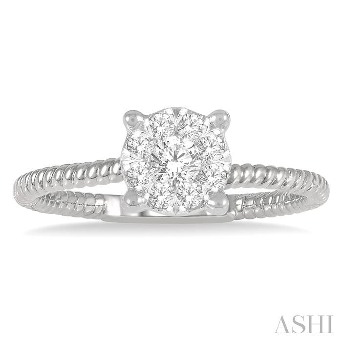 1/3 Ctw Rope Shank Lovebright Round Cut Diamond Cluster Ring in 14K White Gold