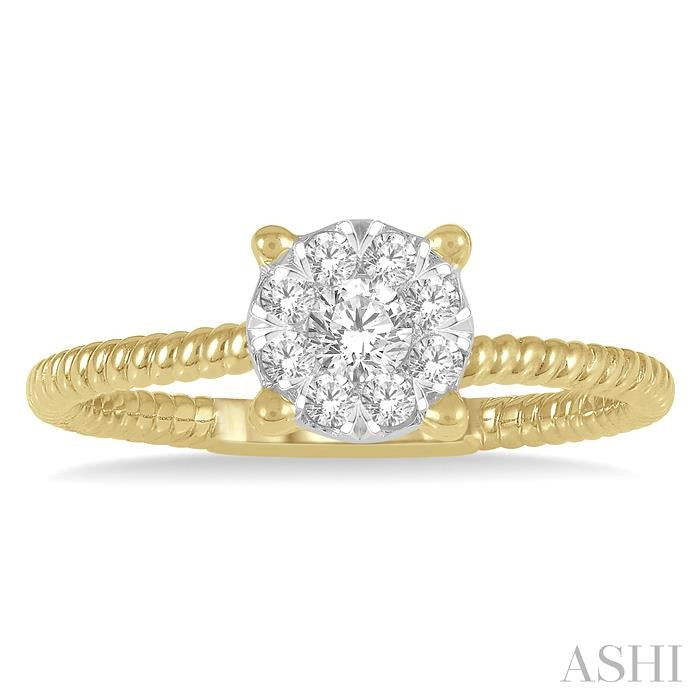 1/3 Ctw Rope Shank Lovebright Round Cut Diamond Cluster Ring in 14K Yellow and White Gold